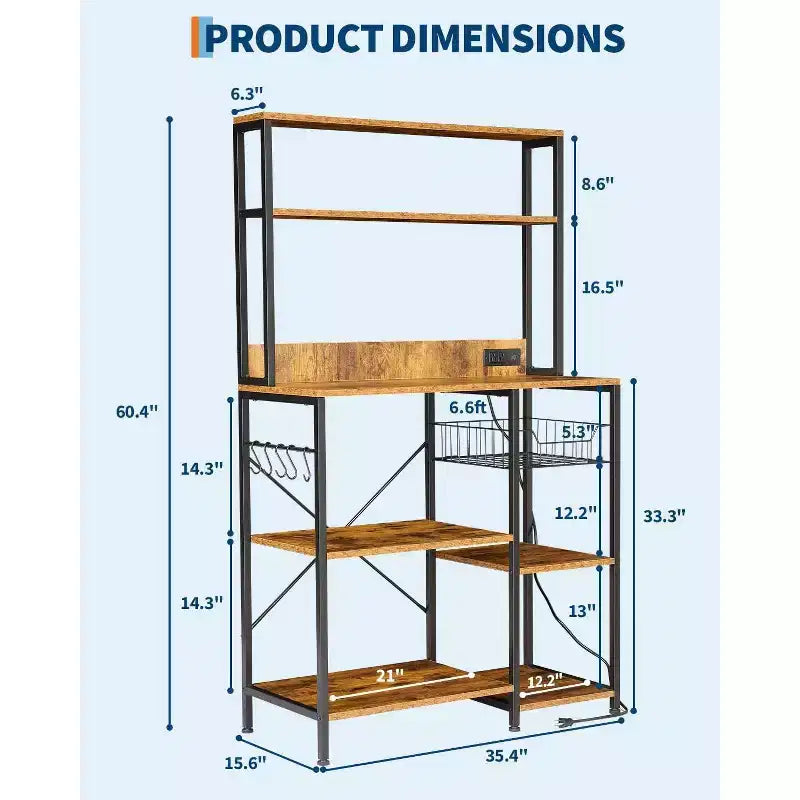 Kitchen Bakers Rack 55 * 66inch, Microwave Oven Stand with Storage 4 Tiers, Coffee Bar Table with 6 S Hooks, Kitchen Storage Shelf Rack for Pots