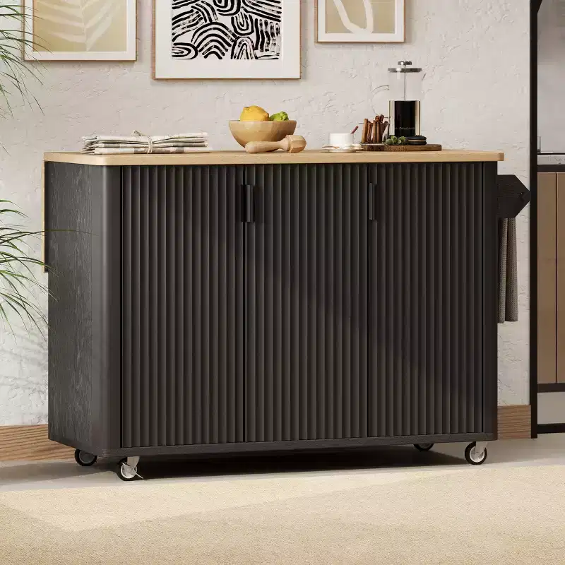 Farmhouse Fluted Kitchen Island with Drop Leaf, Wheels and Internal Storage Rack