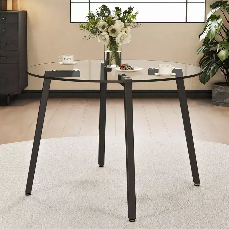 Coffee Table, Modern Minimalist Style Circular Transparent Tempered Glass Table, Tempered Glass Tabletop, Metal Table Legs Black