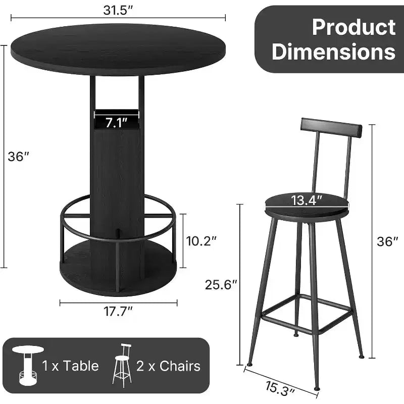 Zevemomo 3-Piece 31.5 Round Bar Table and Chairs Set for 2, Small Pub Dining Set with 2 Stools, Space Saving, Black