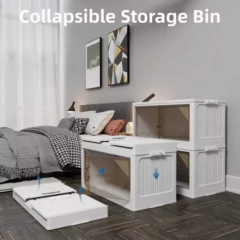 2-Pack 31.5 Wide Transparent Plastic Storage Cabinets: Stackable, Folding, Open Front - Ideal for Closet Organization
