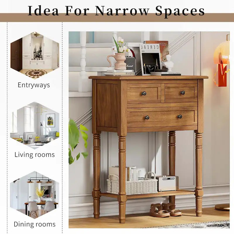 Narrow Console Table with Drawers and Bottom Shelf