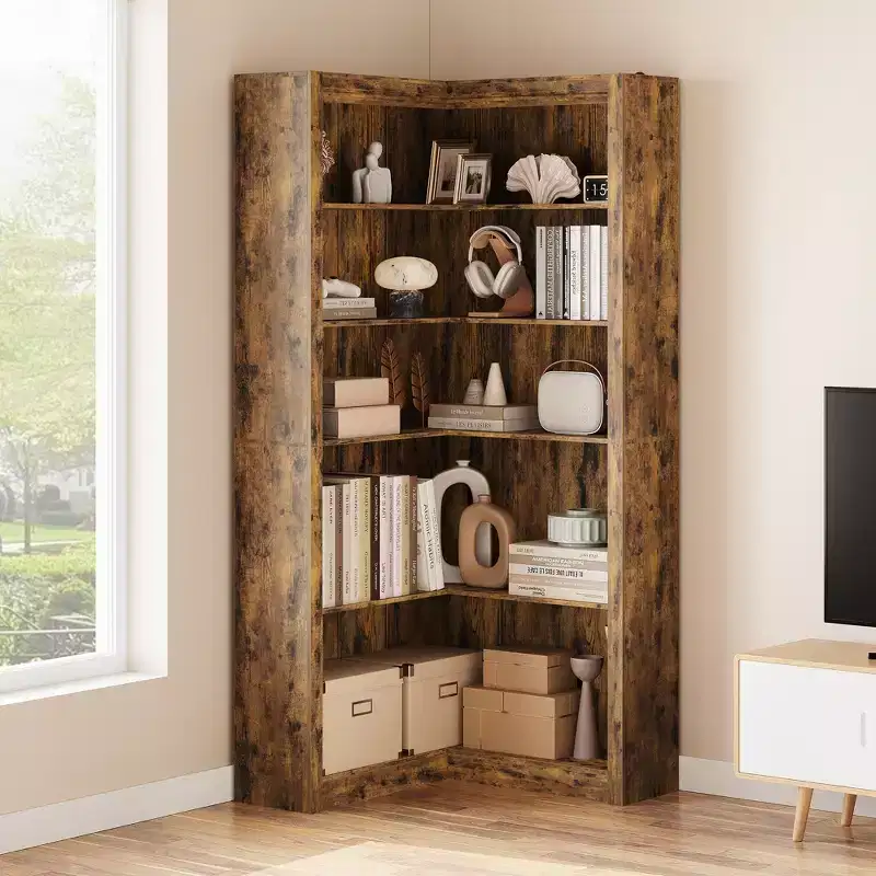 Corner Bookshelf, Farmhouse Corner Bookcase, L-Shaped Bookshelf Large Bookcase, 5 Tier Display Shelf Heavy Duty Bookcases, Bookshelves with Storage
