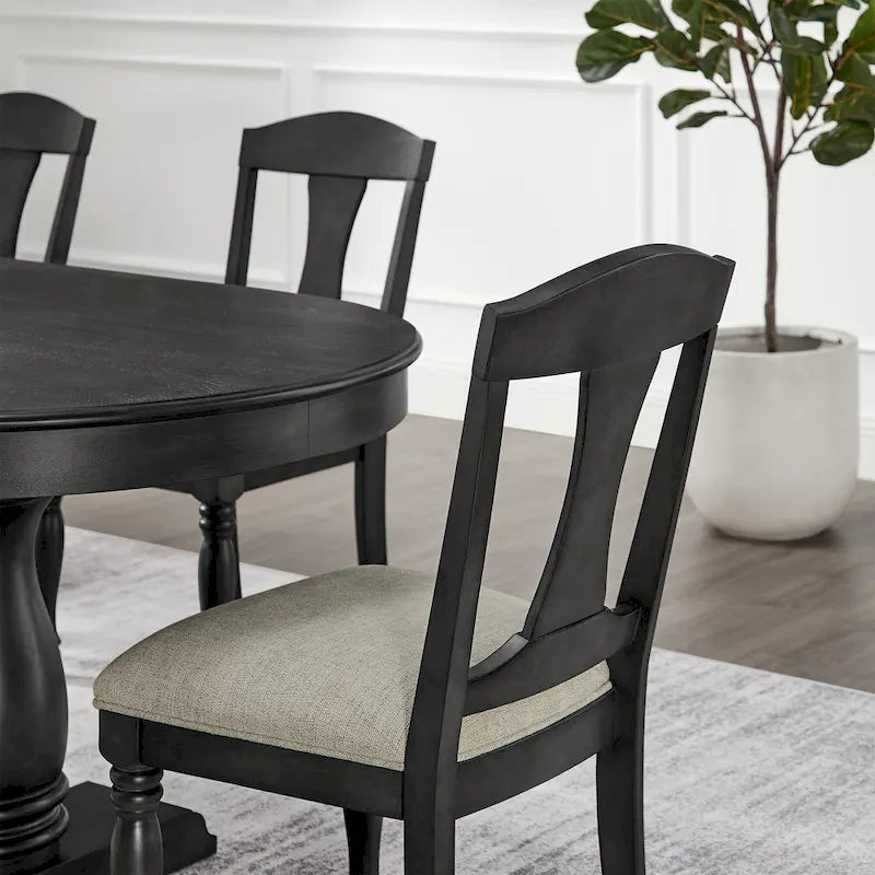 7 Pcs Solid Wood Dining Table Set, , Kitchen Extendable Dining Table Set with Curved Table and 6 Upholstered Chairs