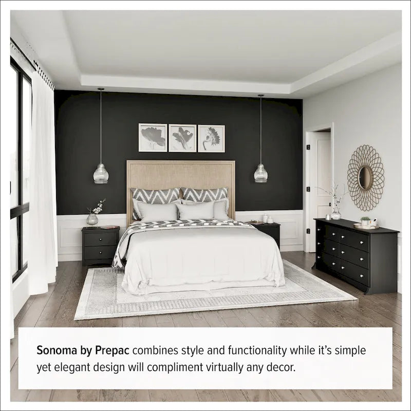 6-Drawer Tall Bedroom Dresser, Black Laminate, Brushed Nickel Knobs, 52.75H