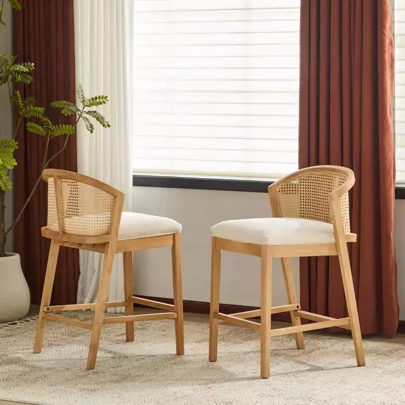 Set of 2 Modern Counter Height Bar Stools with Rattan Curved Back, 27 Seat Height Wood-Leg Stools for Kitchen Island or Home Bar-Panipeachy
