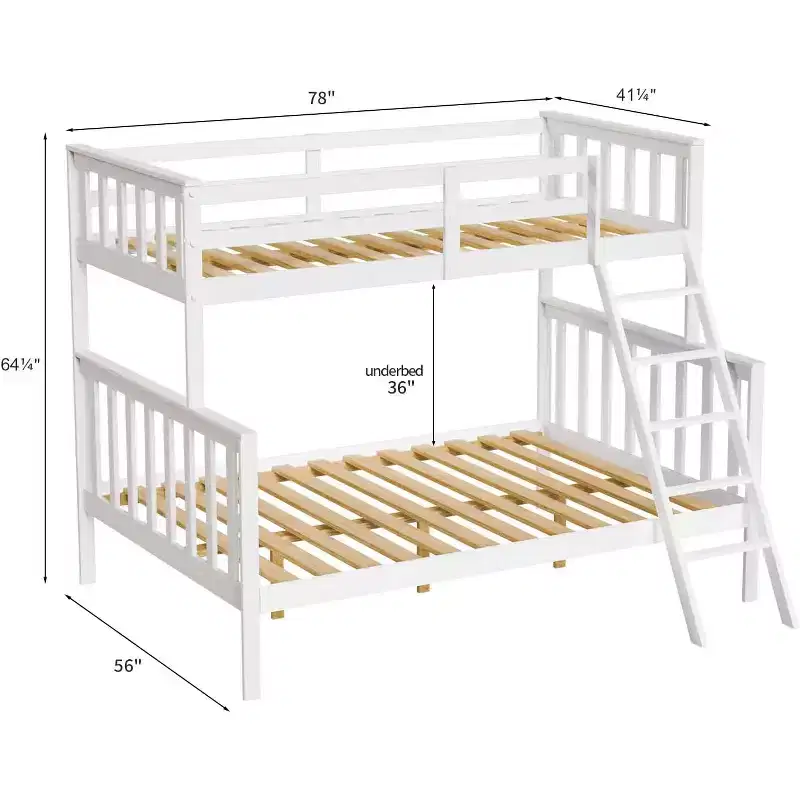 JOYMOR Twin Over Full Bunk Bed for Kids Children Teens Adults, Solid Wood Bunk Bed with Ladder and Guard Rail