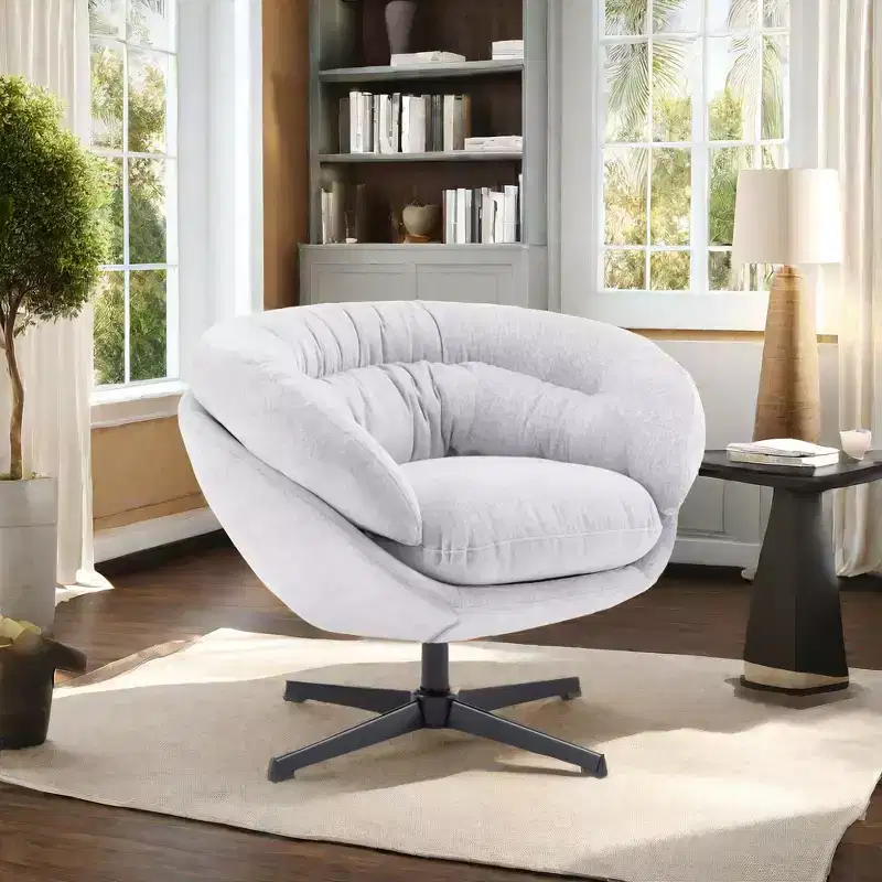 Accent Chair, Modern Chenille Office Chair, Swivel Accent Chair with Removable Cushion, Round Office Chair, Metal Base and Cotton Material