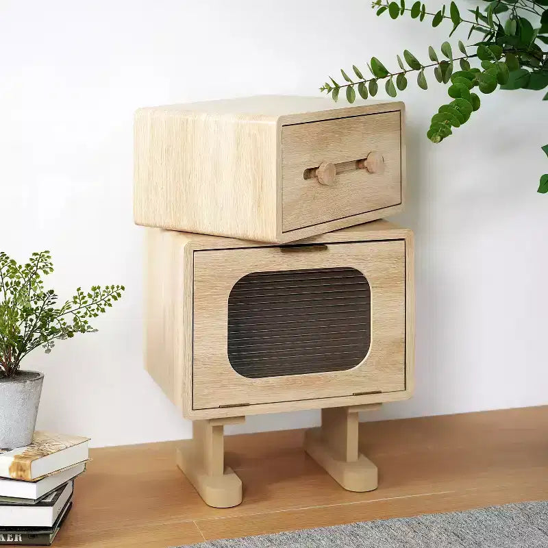 Creative Swivel Robot Nightstands Storage Side Table, Natural Finish