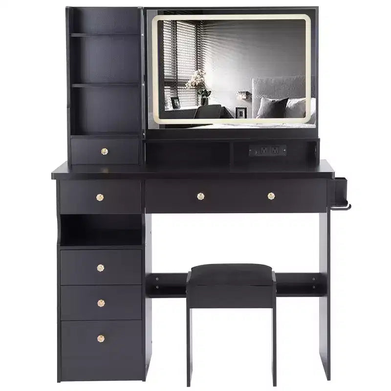 Makeup Vanity Desk with Mirror and Light, Dresser Desk Padded Stool Set, Makeup Vanity with Charging Station, Adjustable Brightness
