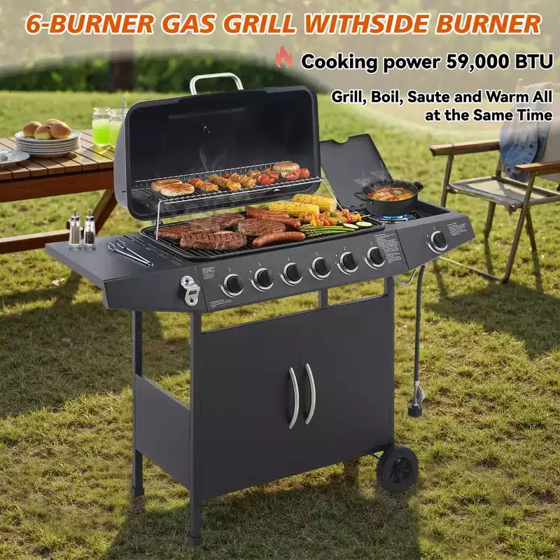 6 Burner BBQ Propane Gas Grill with Side Burner 59000 BTU Output Stainless Steel Barbecue Grill with Enamel-Coated Grates