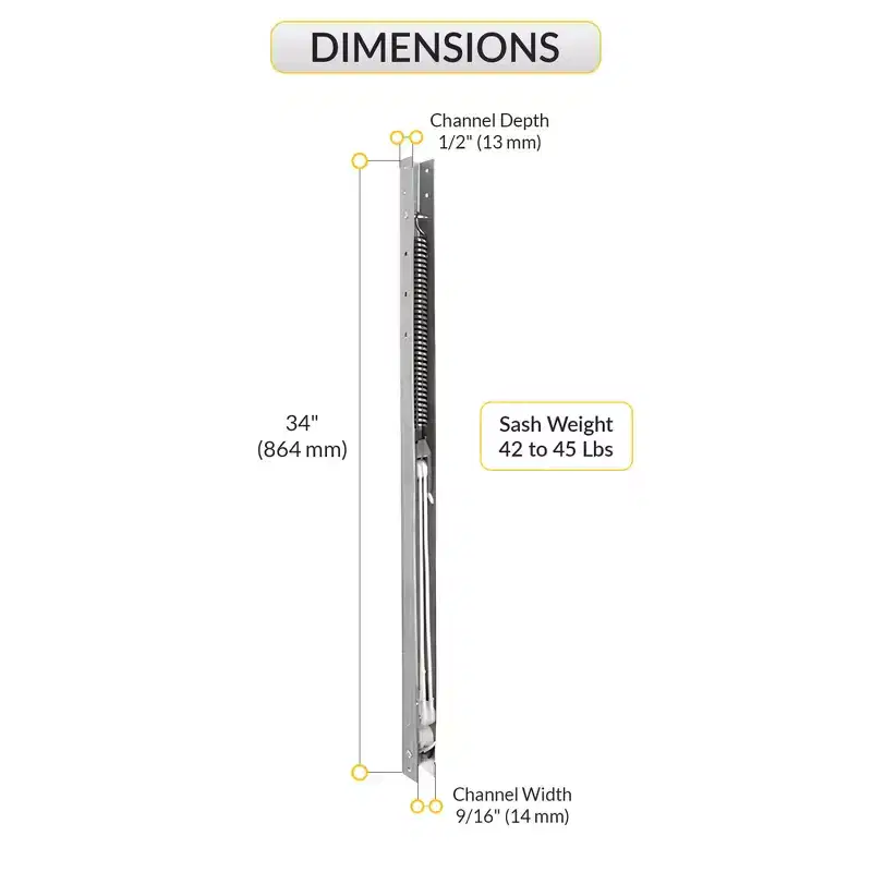 Brixwell Aluminum Window Channel Balance, 34 Length, 9/16 Width, 1/2 Depth For 42 to 45 lbs Sash, No Sash Guide Attached.