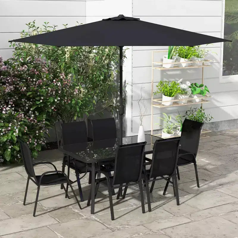 Outsunny 8 Piece Patio Furniture Set with Umbrella, Outdoor Dining Table and Chairs, 6 Chairs, Push Button Tilt and Crank Parasol, Glass Top