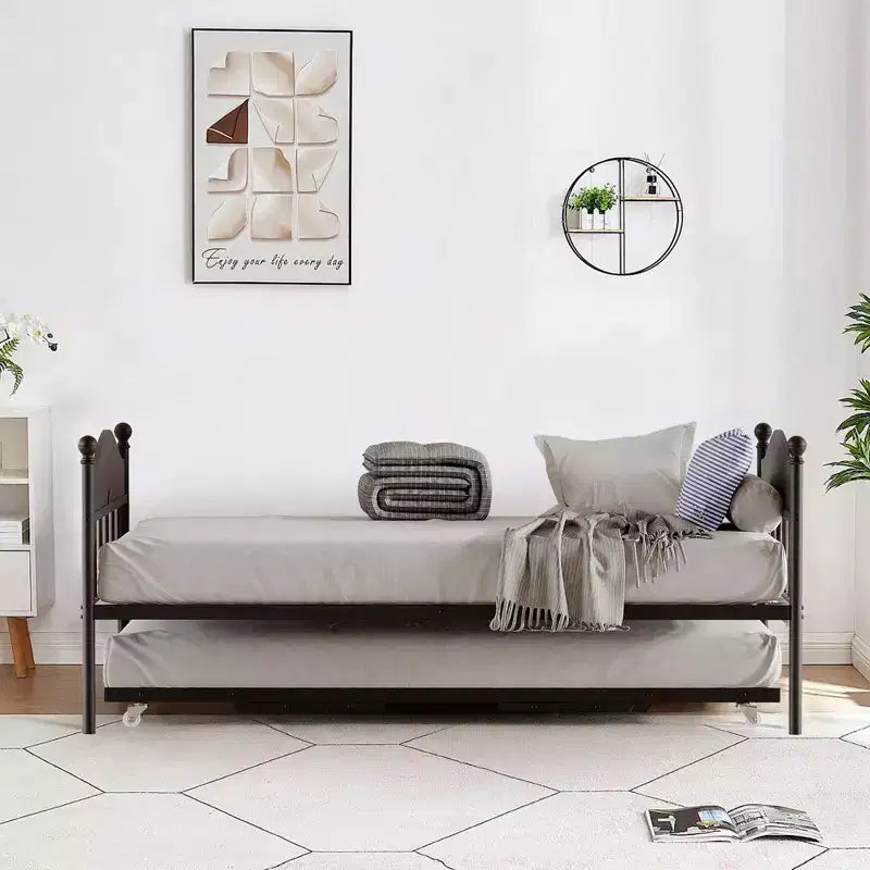 Daybed with Trundle,Metal Twin Size Day Bed,Sofa Bed Frame with Foldable Trundle Bed,Heavy Duty Steel Slats Platform for Living Room,Bedroom