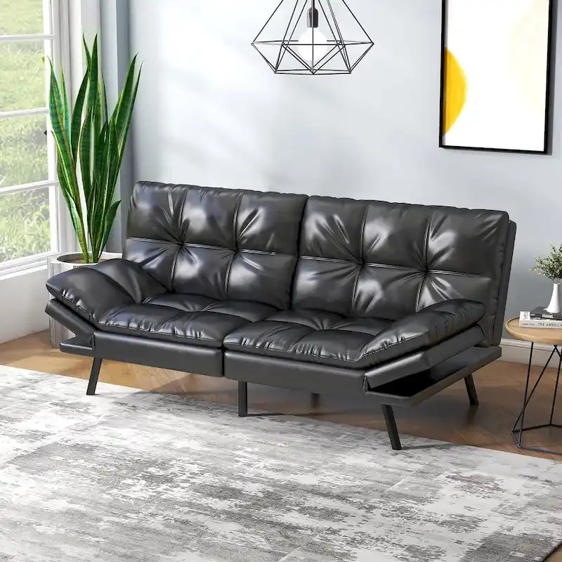 Futon Sofa Bed with Memory Foam and Adjustable Armrests for Small Spaces