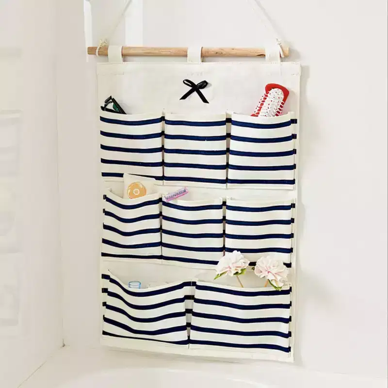 Alilang Hanging Wall Organizer with Navy Striped Pockets and Wooden Hanger 19.3x13.5 in
