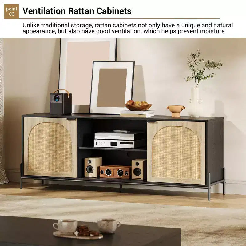 TV Stand with 3 Drawers - Rattan Media Console with Metal Legs, Black
