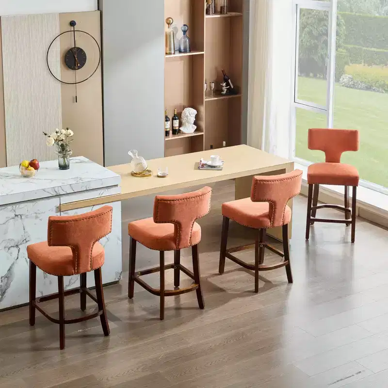 CLIHOME Set of 2 Mid Century Counter Height Bar Stools, Farmhouse Linen Fabric Upholstered Kitchen Accent Chair Curved Backrest