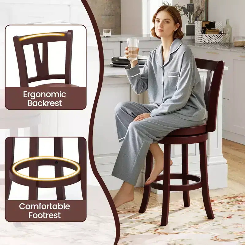 Costway 26 Counter Height Swivel Barstools Set of 2/4 High Backs & Footrests Solid Wood