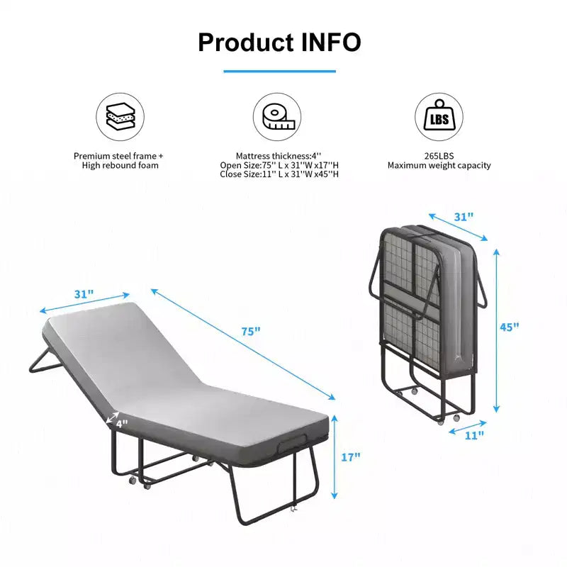 Mjkone Folding Bed with Mattress,Portable Guest Bed Camping Cot,Soft Padded Rollaway Sleeping Bed