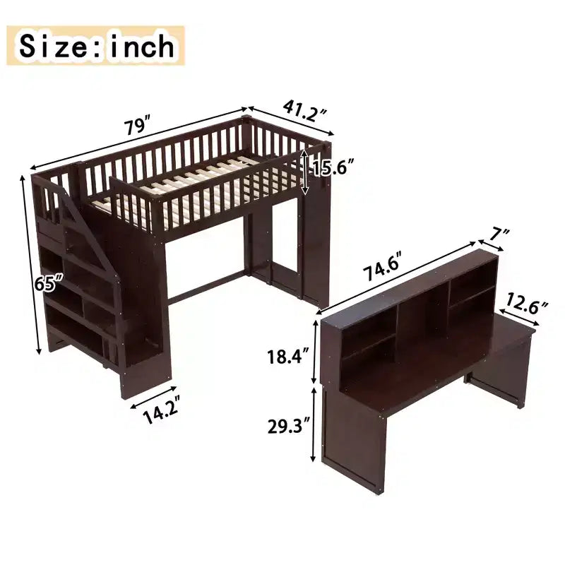 Bellemave Twin Loft Bed with Movable Desk, Storage Stairs & Shelf,No Box Spring Required