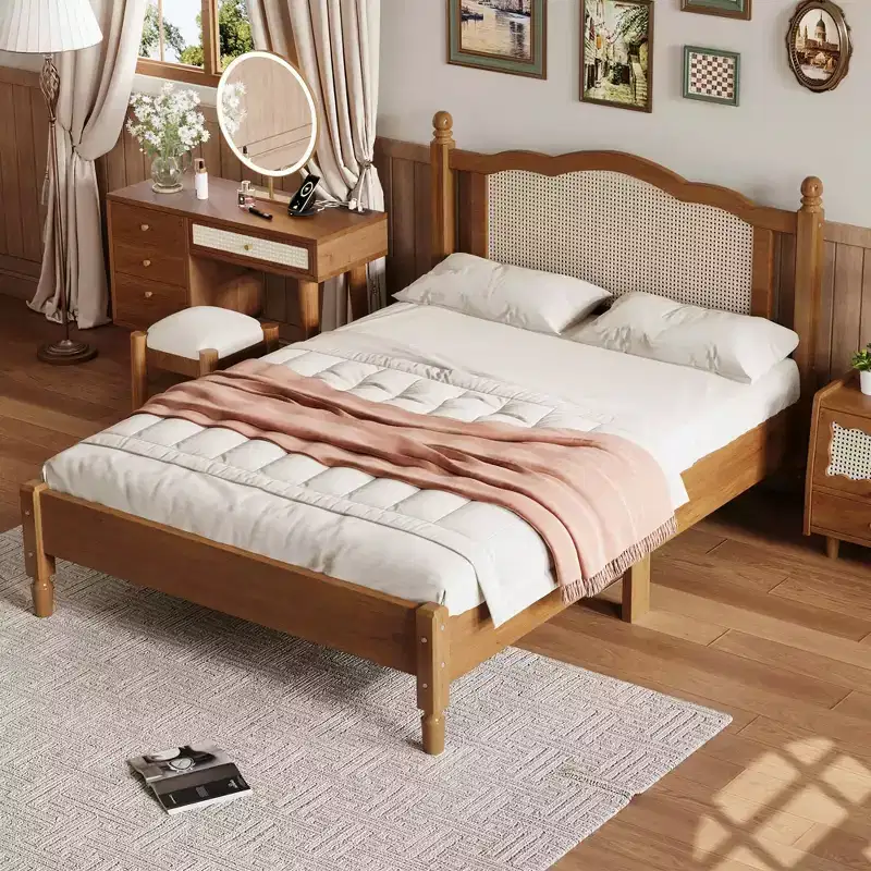 MAYEERTY Full Size Wooden Platform Bed with Natural Rattan Headboard Vintage Bed Frame with Wooden Slat Walnut