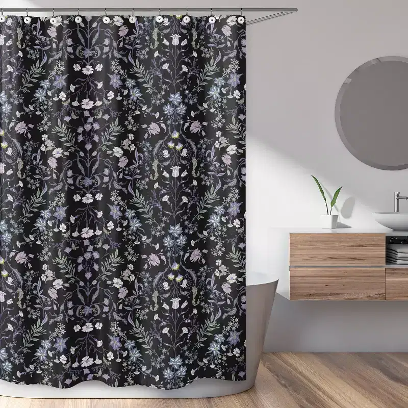 Sweet Jojo Designs Girl Shower Curtain 72in.x72in. Boho Floral Wildflower Black and Purple