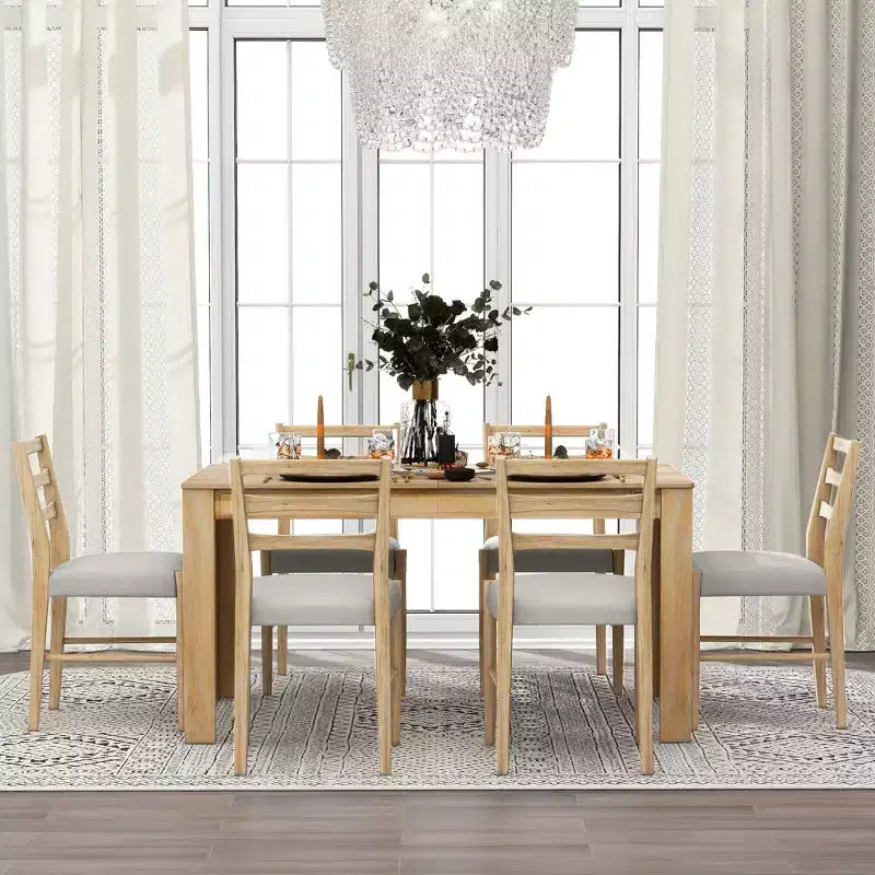 7 PCS Extendable Wooden Dining Table Set with 6 Upholstered Chairs, 12 Leaf and 2 Drawers-ModernLuxe