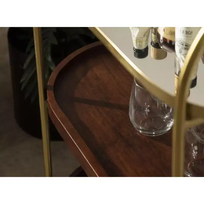 Kate and Laurel Maxfield Oval Wood Bar Cart, 26x13x36, Walnut Brown and Gold