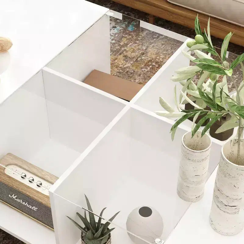 White High-Gloss LED Coffee Table with Drawer & Open Compartments