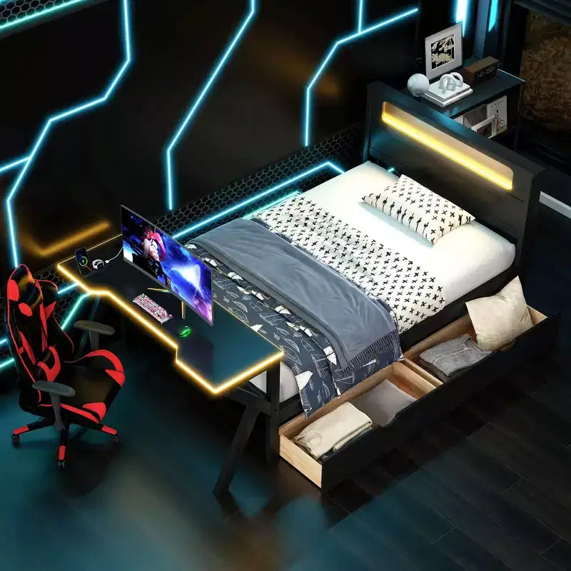 GDFStudio Mathews Wooden Gaming Platform Bed with LED Headboard, LED Desk, USB and Two Storage Drawers