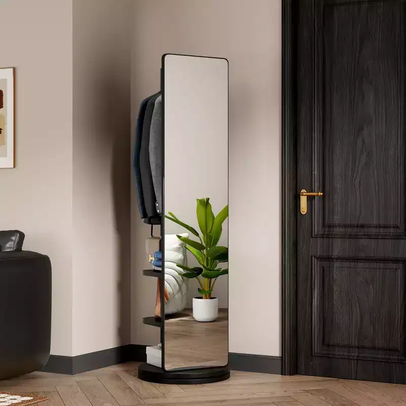 Modern Rotating Full Length Mirror with Functional Hook Coat Rack, Freestanding Floor Mirror for Bedroom, Dressing Room, Black