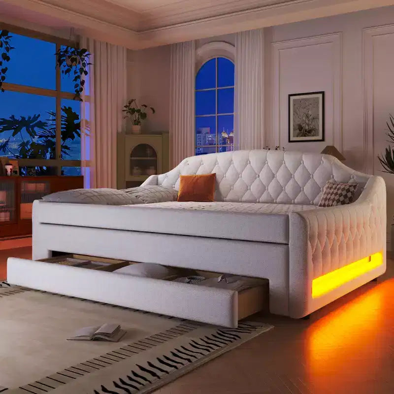 Padded Full Size Daybed Bed Upholstered Sofa Bed with Storage Drawers, Trundle Bed & LED Belt - ModernLuxe