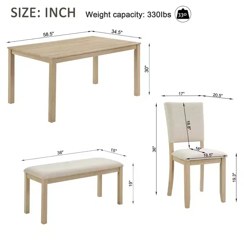 GDFStudio Fen Modern 6-Piece Dining Set with Wooden Rectangular Table, 1 Bench, and 4 Linen Upholstered Chairs