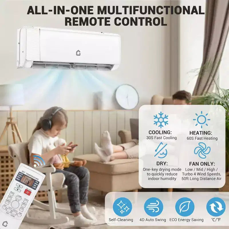 9000 BTU Mini Split AC & Heater - 20 SEER2 Ductless Inverter System, Self-Cleaning, WiFi/Alexa/Remote, Installation Kit, Cools 450 Sq.Ft, US Standard