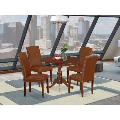 5-Piece Mahogany Finish Solid Wood Top Dining table with 4-Chairs with Drop Leaf