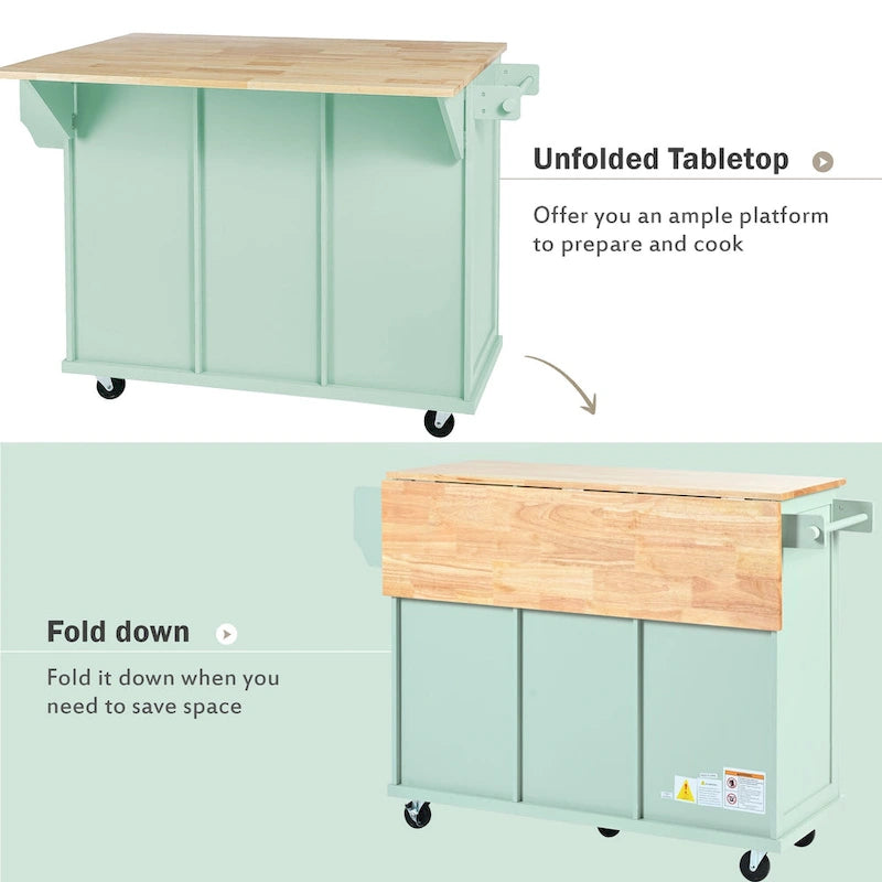 White Rolling Kitchen Island Cart with 5 Wheels Drop Leaf Rubberwood Top 3 Drawers and Spice Rack