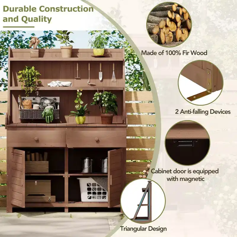 Garden Potting Bench with Storage Shelf, Drawer & Cabinet, Fir Wood Workstation