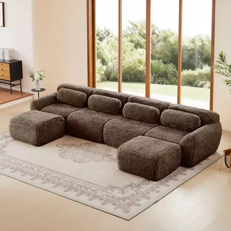 149 inch Light Khaki U-shaped Plush Fabric Boneless Sectional Sofa Couches with Throw Pillows and 2 Ottomans ( Buckle Connection)