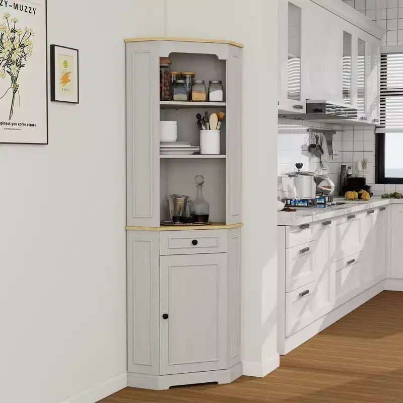 AndMakers Antique White Wood 17.71 in. Pantry Cabinet with 5 Shelves