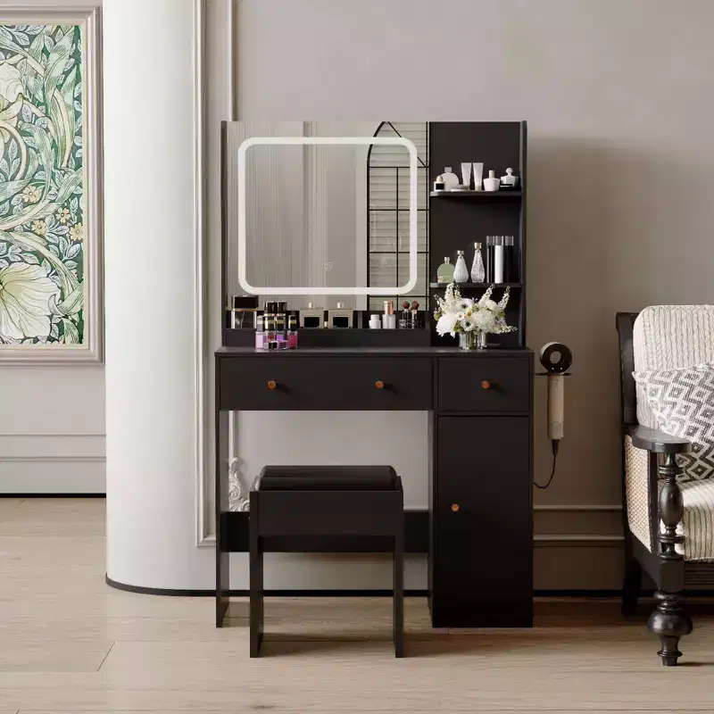 COZONY Makeup Vanity with Lights & Mirror, Vanity Table with Charging Station, Hair Dryer Holder, Storage Drawers & Shelves, Upholstered Stool