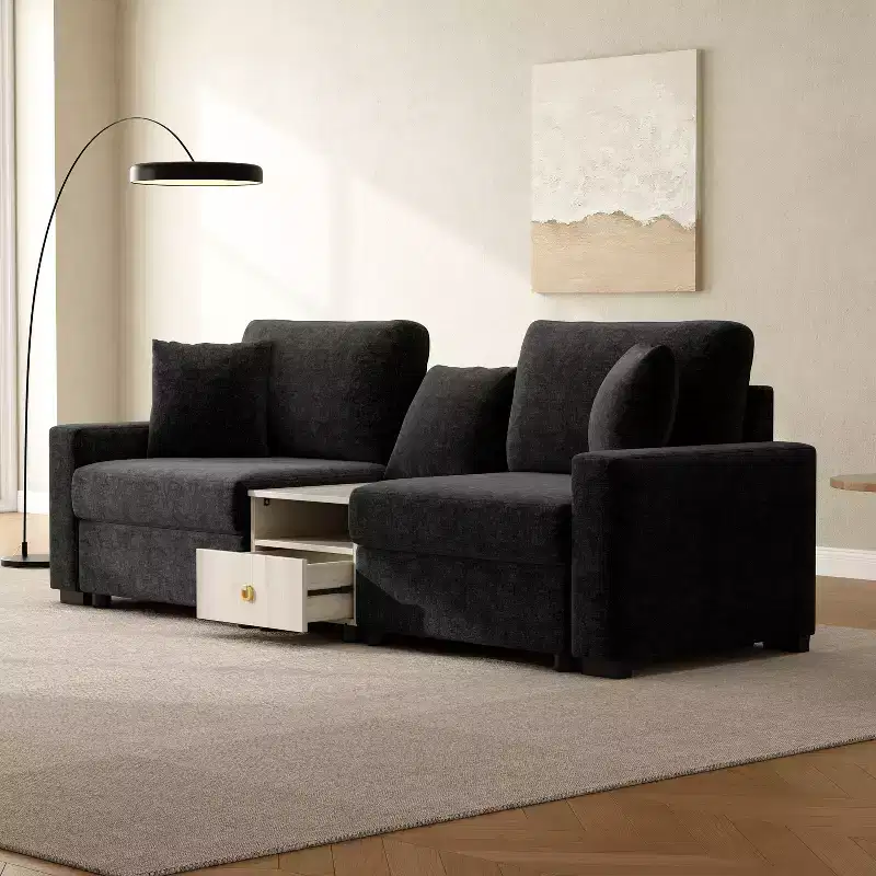 Christopher Knight Home Bina 95.7'' Modern 2-Seater Chenille Upholstered Sectional Sofa with Console, Storage Armrest and Pillows