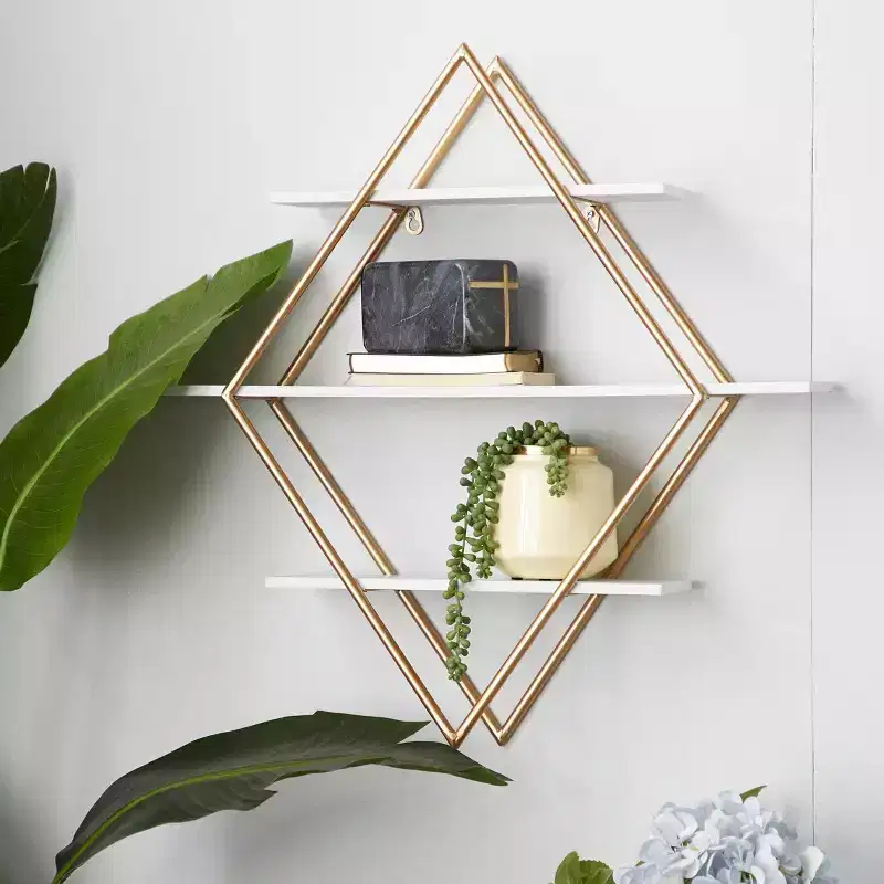 20"x20" Wooden 3 Shelves Wall with Diamond Shape Gold - Olivia & May: Glam Style, MDF, No Assembly Required