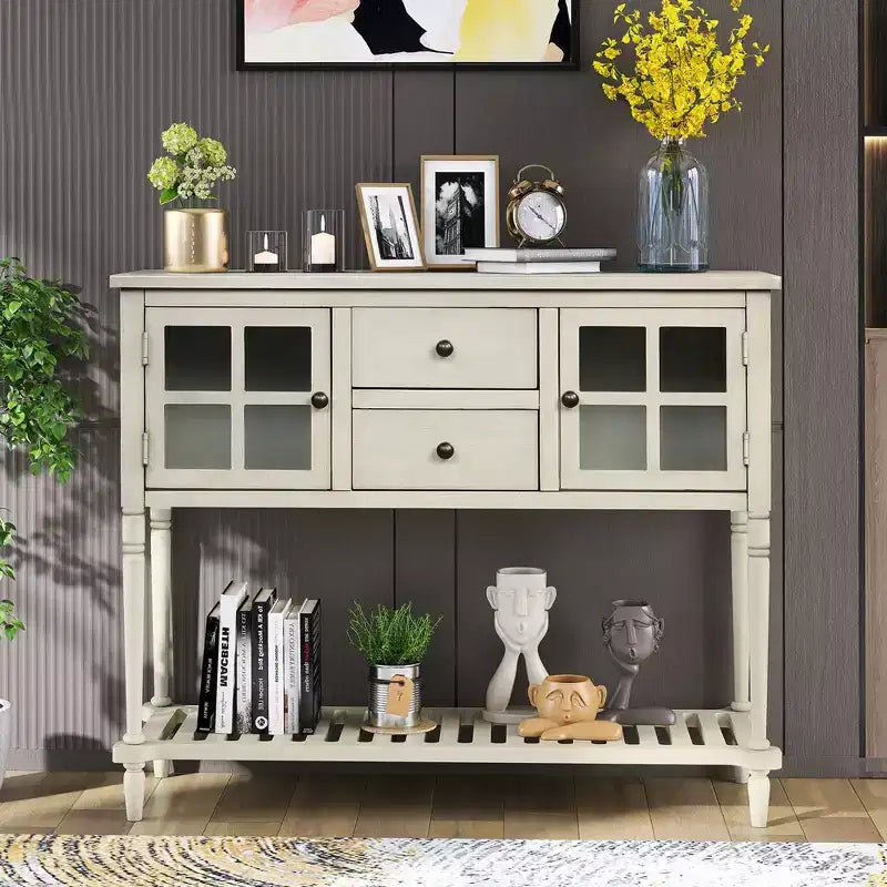 Okak Farmhouse Entryway Table with Bottom Shelf, Console Table with 2 Drawers and 2 Glass Doors, Entry Table for Living Room, Entryway, Hallway