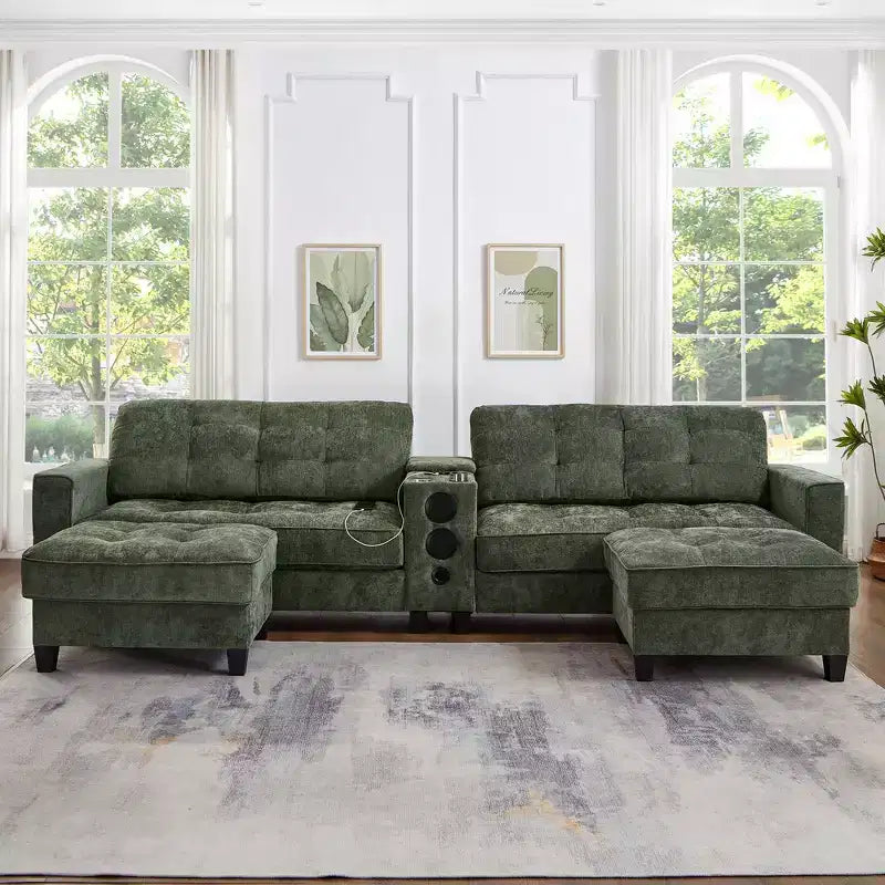 126 Sectional Sofa with Center Console, Cup Holders, U-shaped Sectional, Built-in Bluetooth Speakers, and 2 Storage Ottomans for Living Room