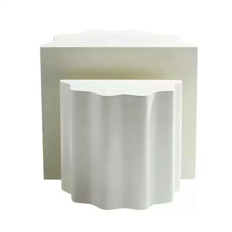 Fiberglass Coffee Table 2PCS Set End Table Accent Table Side Table Cocktail Table Center Table, Wavy Edge Design, Beige, No Assembly - ModernLuxe