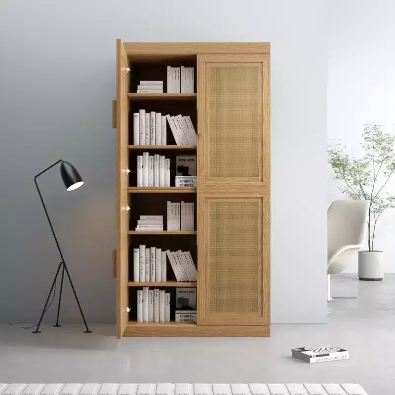 62x31x16 Wood Grain Buffet Cabinet, Storage Organizer with Adjustable Shelves and Rattan Doors for Kitchen Bedroom Living/Dinning Room