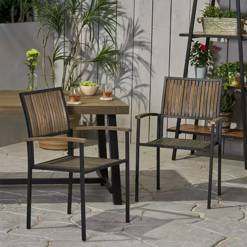 2pk Bridget Wood & Iron Patio Dining Chair Gray: Acacia Slatted, Weather-Resistant - Christopher Knight Home