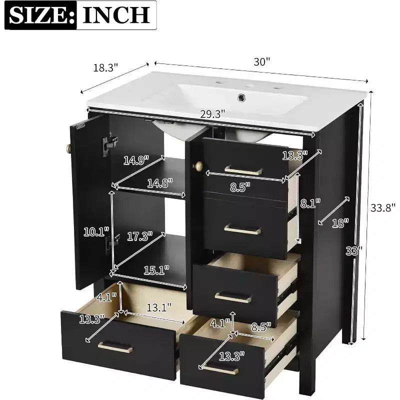 Bathroom Vanity Cabinet with Sink, Modern Wood Frame Bathroom Dresser Sets with 4 Drawers & 2 Soft Closing Doors, Bathroom Sink Cabinet