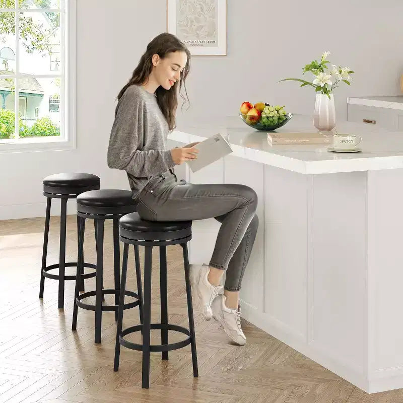Set of 2 Backless Swivel Bar Stools 30 Inch, Counter Height Kitchen Stools with Footrest, Waterproof PU Leather Seat for Kitchen Island and Home Bar
